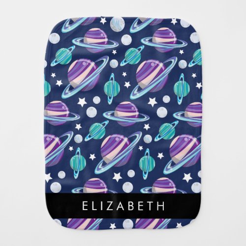 Space Pattern Planets Stars Galaxy Your Name Baby Burp Cloth