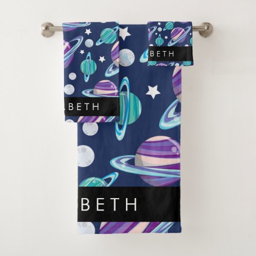 Space Pattern Planets Stars Galaxy Your Name Bath Towel Set