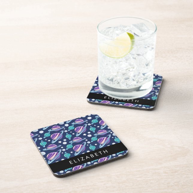 Space Pattern, Planets, Stars, Galaxy, Your Name Beverage Coaster (Right Side)