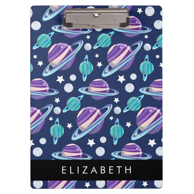 Space Pattern, Planets, Stars, Galaxy, Your Name Clipboard (Front)