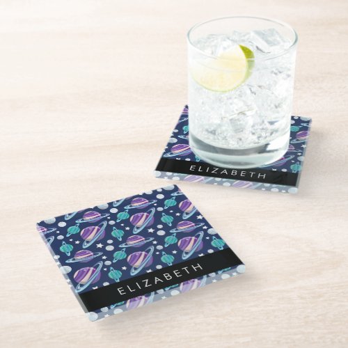 Space Pattern Planets Stars Galaxy Your Name Glass Coaster