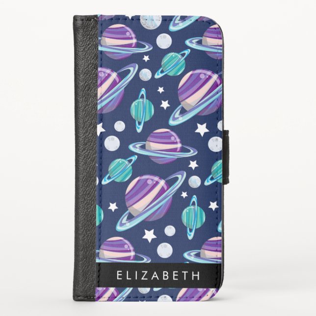 Space Pattern, Planets, Stars, Galaxy, Your Name iPhone Wallet Case (Front)