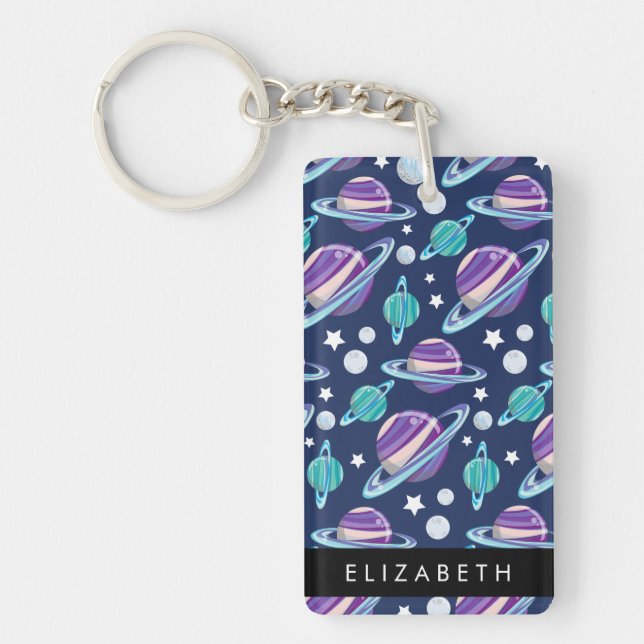 Space Pattern, Planets, Stars, Galaxy, Your Name Keychain (Front)