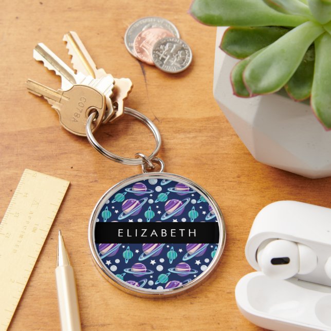Space Pattern, Planets, Stars, Galaxy, Your Name Keychain (Desk)