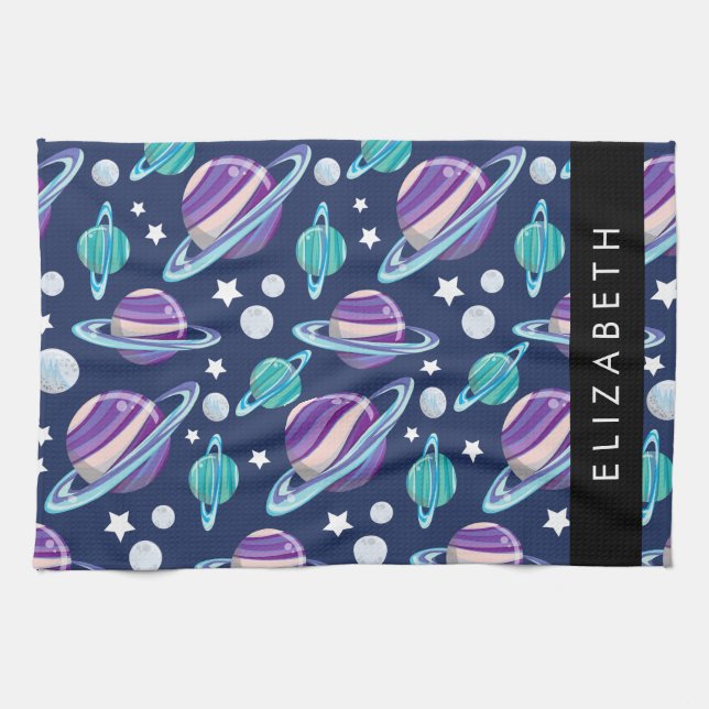 Space Pattern, Planets, Stars, Galaxy, Your Name Kitchen Towel (Horizontal)