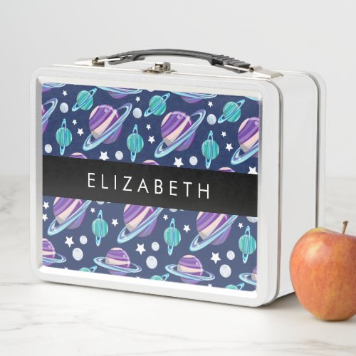Space Pattern Planets Stars Galaxy Your Name Metal Lunch Box