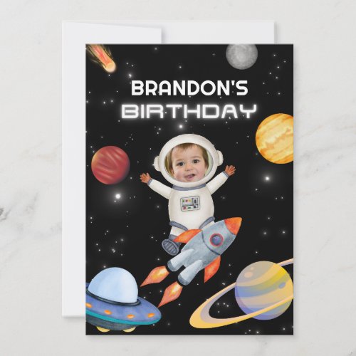 Space planet astronaut photo birthday invitation