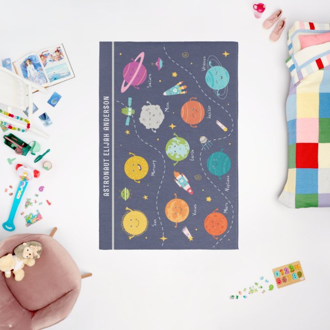 Space Planets Rocket Blue Personalised Monogram Rug (Insitu (Babyroom))