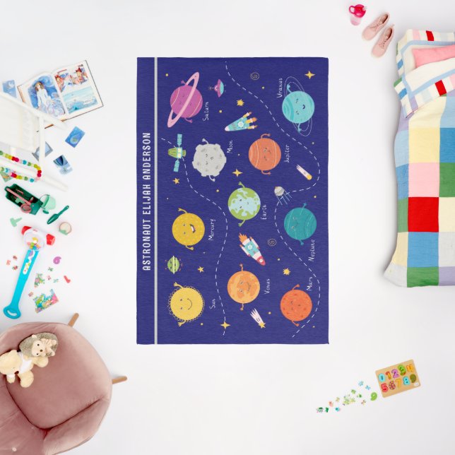 Space Planets Rocket Blue Personalised Monogram Rug (Insitu (Babyroom))