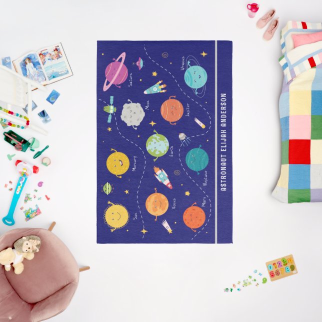 Space Planets Rocket Blue Personalised Monogram Rug (Insitu (Babyroom))