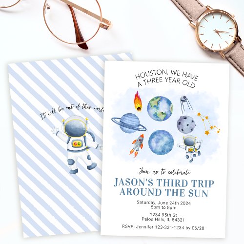 Space planets rocket boy birthday card invitation