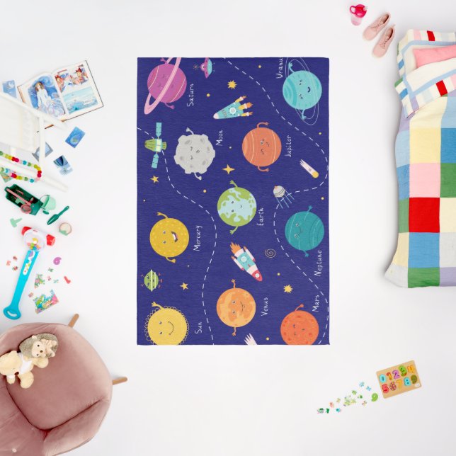 Space Planets Rocket Midnight Blue Rug (Insitu (Babyroom))