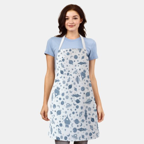 Space Planets Rockets Spaceships Moons Blue Fun Apron