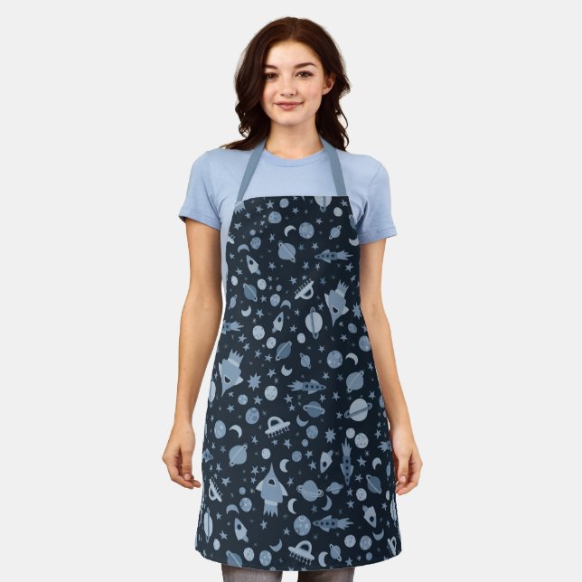 Space Planets Rockets Spaceships Moons Blue Fun Apron (Worn)