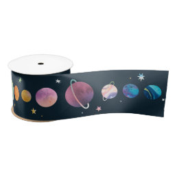 Space Planets Stars Moon Galaxy Watercolor Satin Ribbon