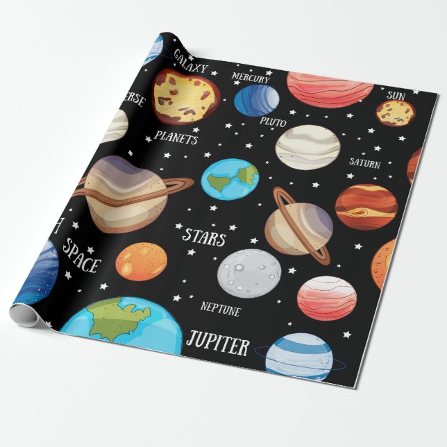 Space, planets, Universe hand drawn theme Wrapping Paper (Unrolled)