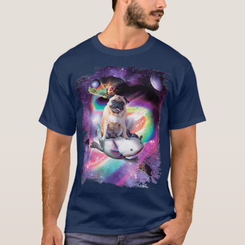 Space Pug Dog Riding Axolotl  Rainbow T_Shirt