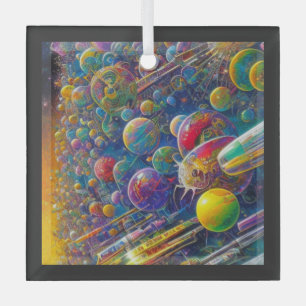 Space Race square glass ornament
