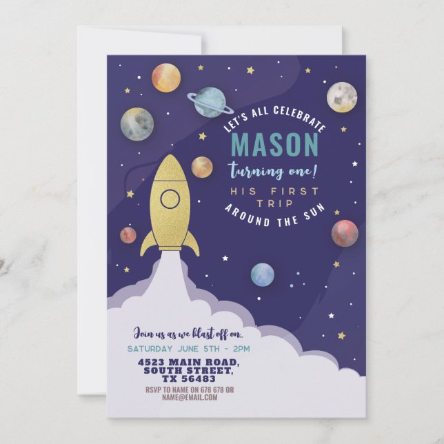 Space Rocket 1st Birthday First Trip Sun Moon Invitation (Front)