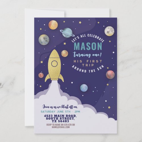 Space Rocket 1st Birthday First Trip Sun Moon Invitation