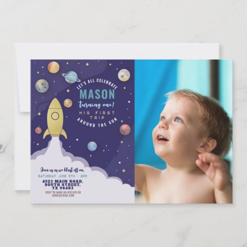 Space Rocket 1st Birthday First Trip Sun Photo  Invitation