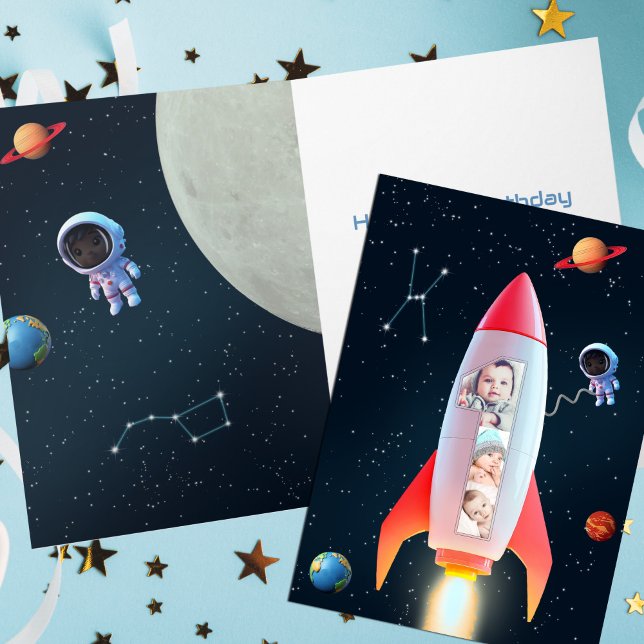 Space Rocket 1st Birthday | Huge One Photo Collage Card (Creator Uploaded)