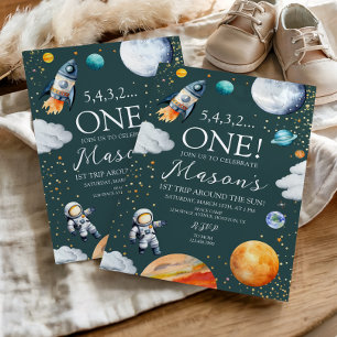 Space Rocket 1st Trip Around the Sun Birthday Invitation