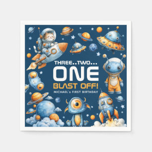 Space Rocket Astronaut Cat Blast Off 1st Birthday Napkins
