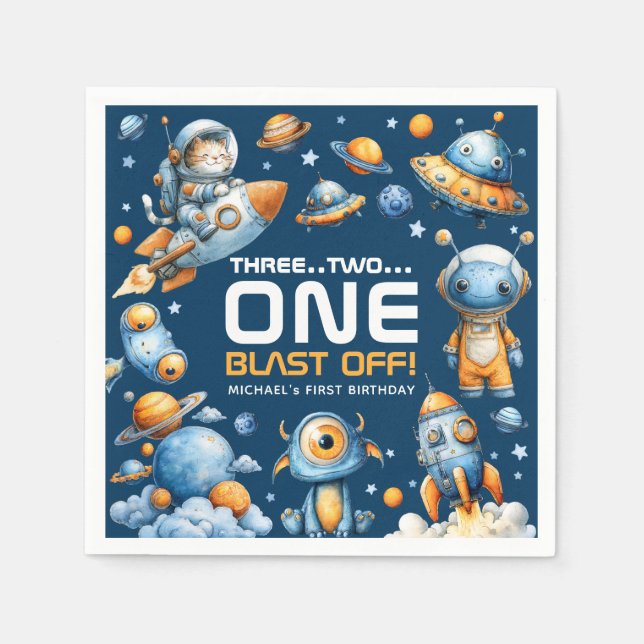 Space Rocket Astronaut Cat Blast Off 1st Birthday Napkins (Front)