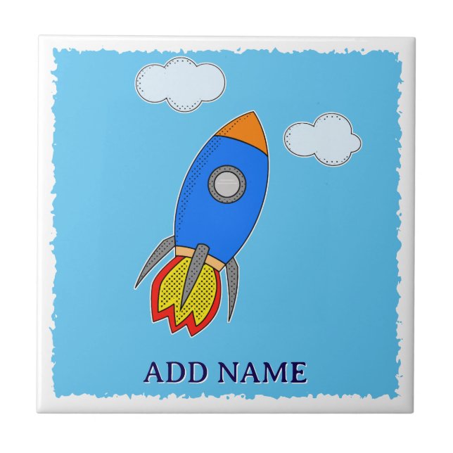 Space Rocket Drawing In Blue Sky Ceramic Tile (Front)