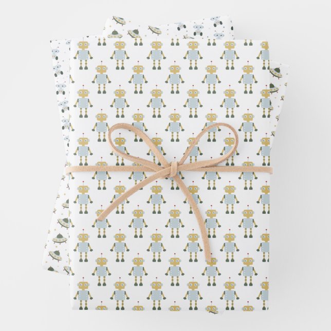 Space Rocket Galaxy Fun Pastel Wrapping Paper Sheets (In situ)