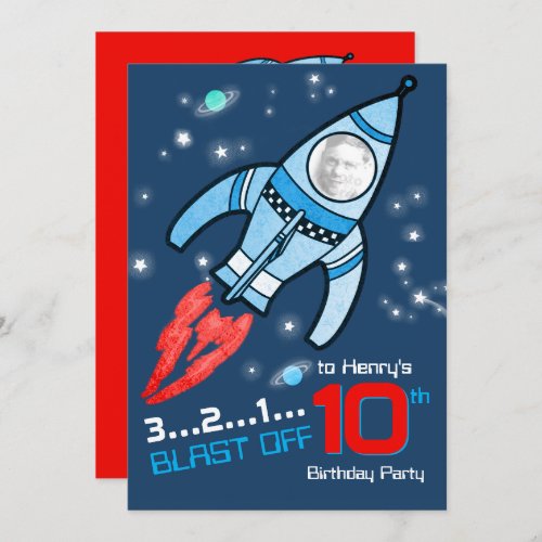 Space rocket kids 10th birthday blue  invitation