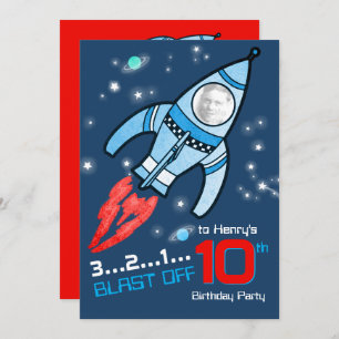 Space rocket kids 10th birthday blue invitation