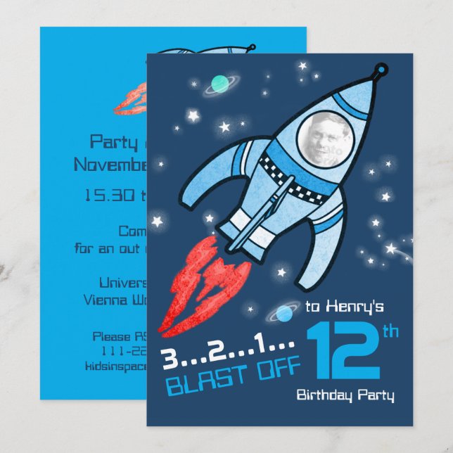 Space rocket kids 12th birthday blue invitation (Front/Back)