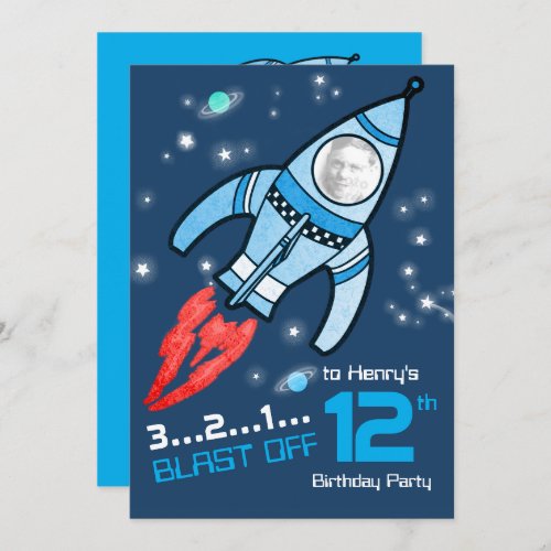 Space rocket kids 12th birthday blue invitation