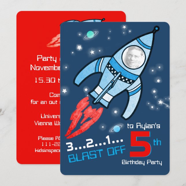 space rocket kids 5th birthday blue red invitation (Front/Back)