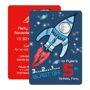 space rocket kids 5th birthday blue red invitation