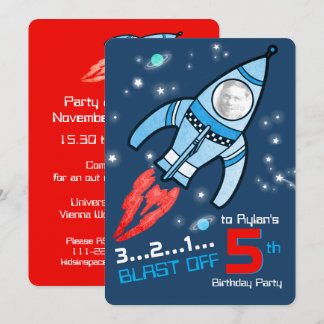 space rocket kids 5th birthday blue red invitation