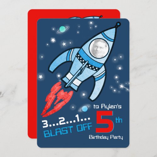 space rocket kids 5th birthday blue red invitation