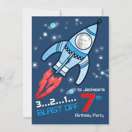 space rocket kids 7th birthday blue red invitation
