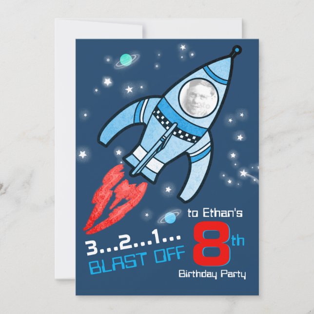 space rocket kids 8th birthday blue red invitation (Front)