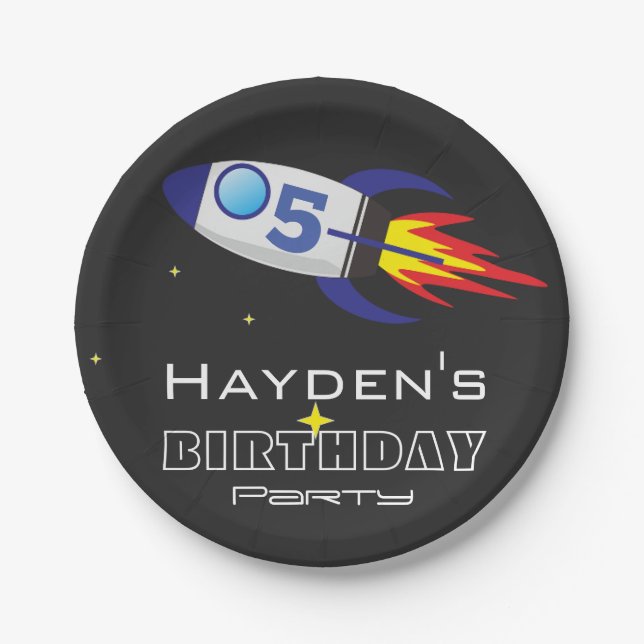 Space Rocket Kids Birthday Custom Age Paper Plates (Front)