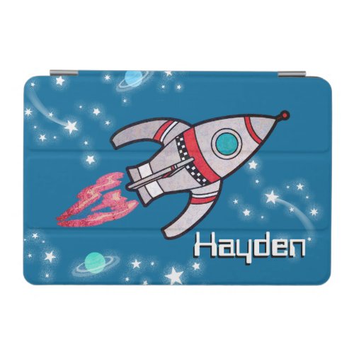 Space rocket name kids blue ipad cover