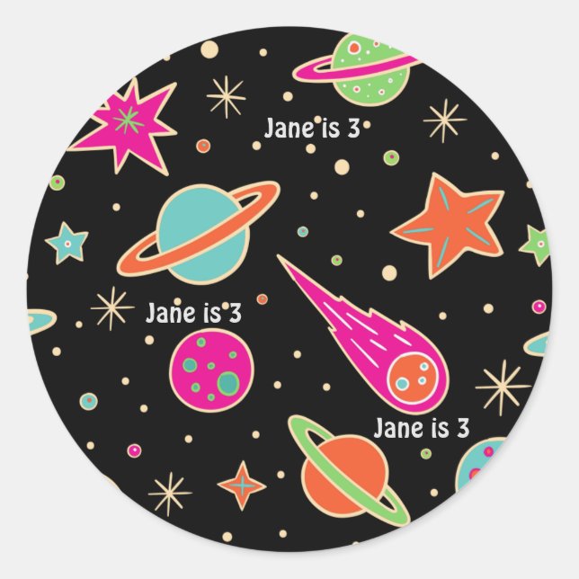 Space Rocket Pattern Name Birthday Classic Round Sticker (Front)
