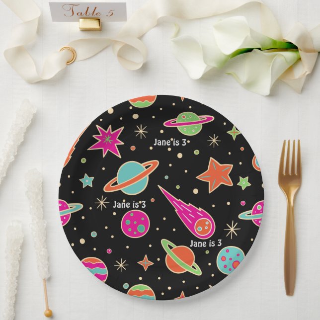 Space Rocket Pattern Name Birthday Party Paper Plates (Wedding)