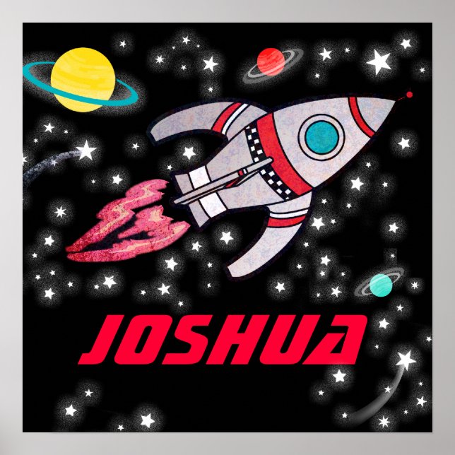 Space rocket personalized boys black red poster (Front)