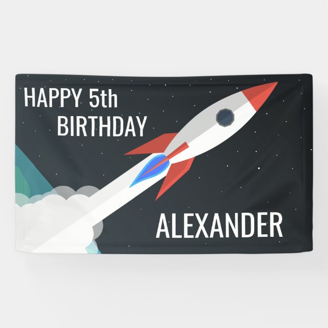 Space Rocket Personalized Kids Birthday Party Banner (Horizontal)