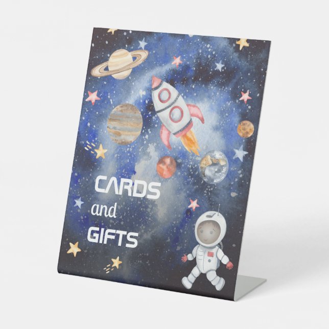 Space Rocket Planets Baby Shower Cards and Gifts Pedestal Sign (Front)