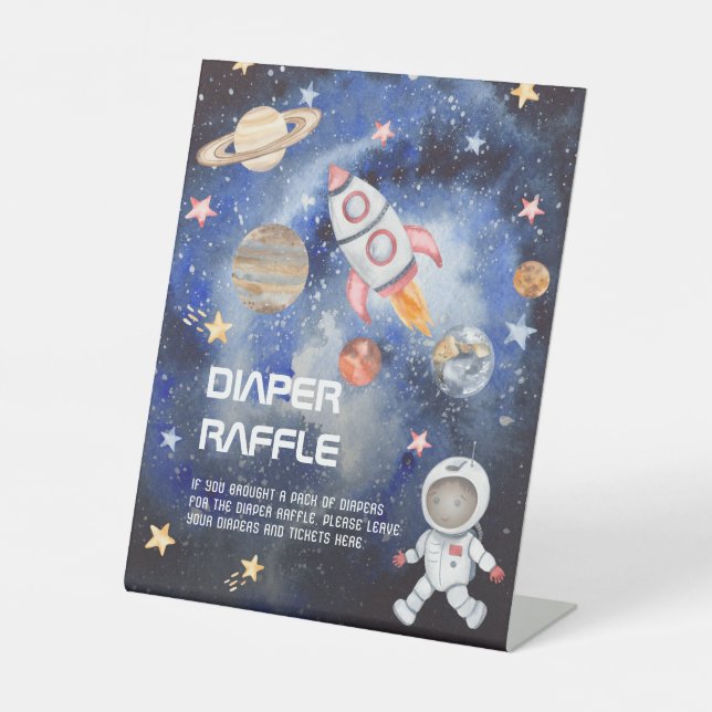 Space Rocket Planets Baby Shower Diaper Raffle Pedestal Sign (Front)