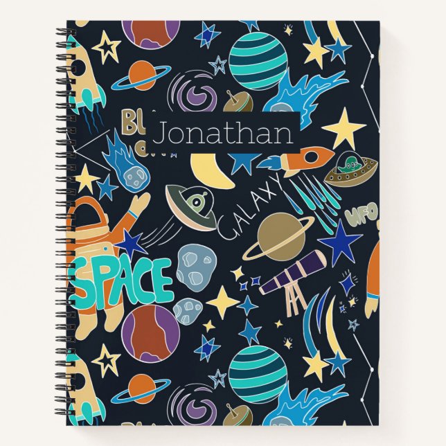 Space Rocket Planets Stars Doodles Personalized  Notebook (Front)